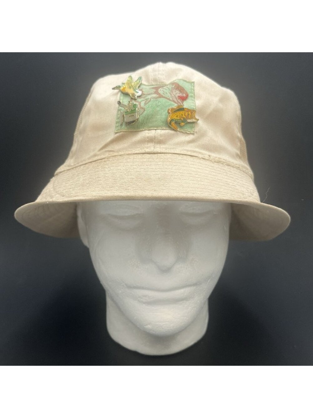 Vintage 70s Men Fishing Bucket Hat Bass Patch 3 Enamel Pins Grandpacore Gorpcore